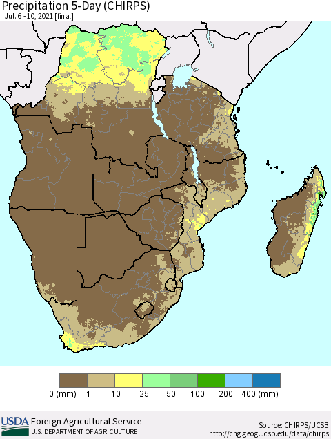 Southern Africa Precipitation 5-Day (CHIRPS) Thematic Map For 7/6/2021 - 7/10/2021