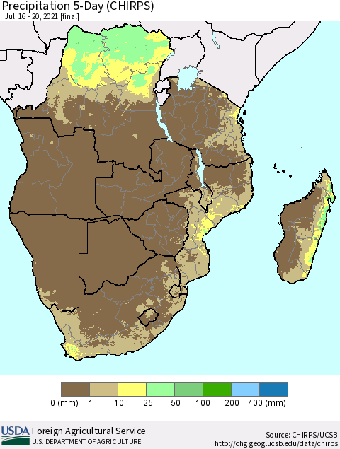 Southern Africa Precipitation 5-Day (CHIRPS) Thematic Map For 7/16/2021 - 7/20/2021
