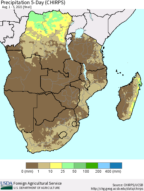 Southern Africa Precipitation 5-Day (CHIRPS) Thematic Map For 8/1/2021 - 8/5/2021