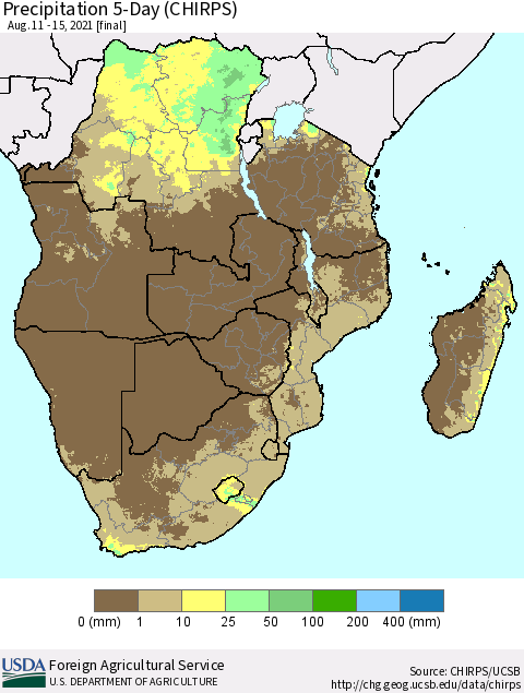 Southern Africa Precipitation 5-Day (CHIRPS) Thematic Map For 8/11/2021 - 8/15/2021