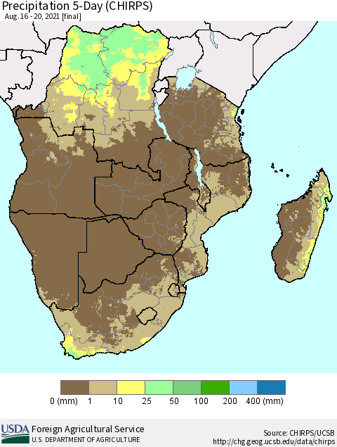 Southern Africa Precipitation 5-Day (CHIRPS) Thematic Map For 8/16/2021 - 8/20/2021