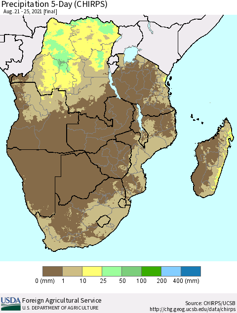 Southern Africa Precipitation 5-Day (CHIRPS) Thematic Map For 8/21/2021 - 8/25/2021