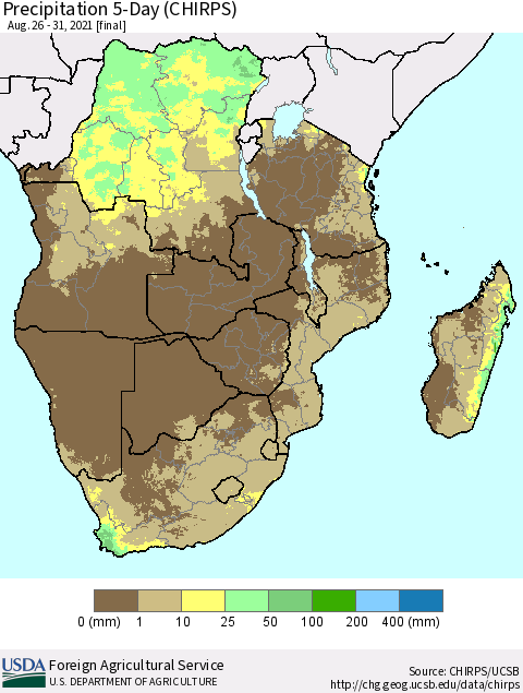 Southern Africa Precipitation 5-Day (CHIRPS) Thematic Map For 8/26/2021 - 8/31/2021