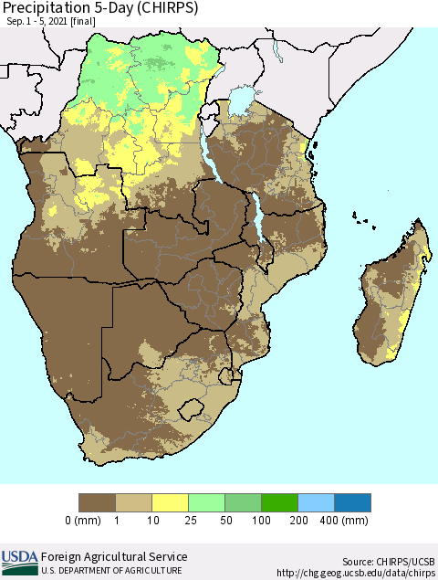 Southern Africa Precipitation 5-Day (CHIRPS) Thematic Map For 9/1/2021 - 9/5/2021