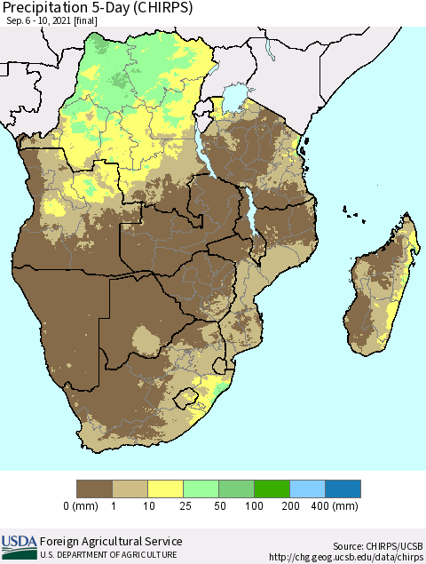 Southern Africa Precipitation 5-Day (CHIRPS) Thematic Map For 9/6/2021 - 9/10/2021