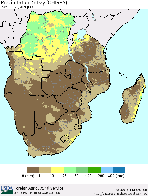 Southern Africa Precipitation 5-Day (CHIRPS) Thematic Map For 9/16/2021 - 9/20/2021