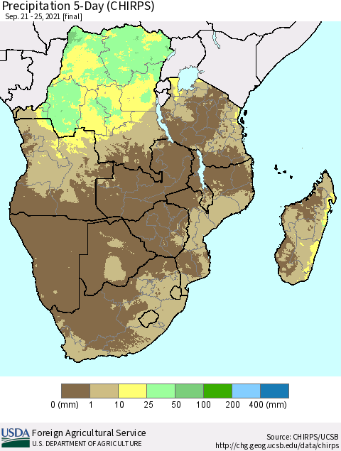 Southern Africa Precipitation 5-Day (CHIRPS) Thematic Map For 9/21/2021 - 9/25/2021