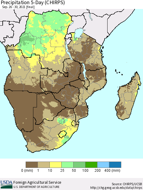 Southern Africa Precipitation 5-Day (CHIRPS) Thematic Map For 9/26/2021 - 9/30/2021