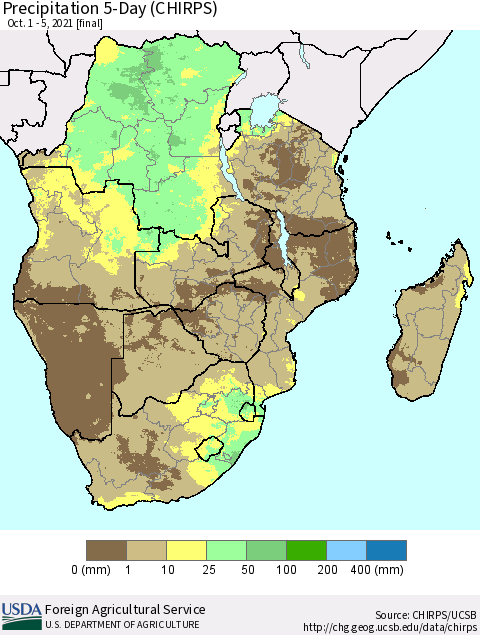 Southern Africa Precipitation 5-Day (CHIRPS) Thematic Map For 10/1/2021 - 10/5/2021