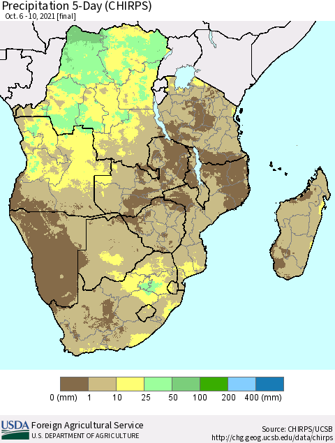 Southern Africa Precipitation 5-Day (CHIRPS) Thematic Map For 10/6/2021 - 10/10/2021