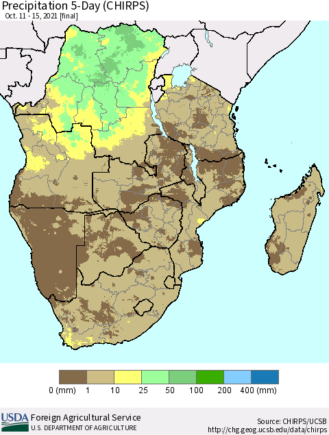 Southern Africa Precipitation 5-Day (CHIRPS) Thematic Map For 10/11/2021 - 10/15/2021