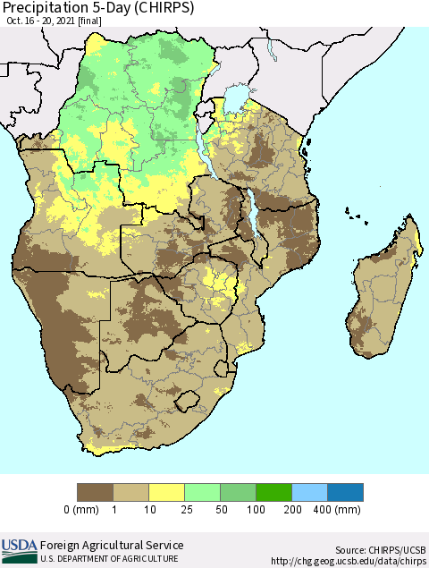 Southern Africa Precipitation 5-Day (CHIRPS) Thematic Map For 10/16/2021 - 10/20/2021