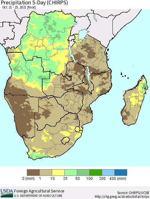 Southern Africa Precipitation 5-Day (CHIRPS) Thematic Map For 10/21/2021 - 10/25/2021