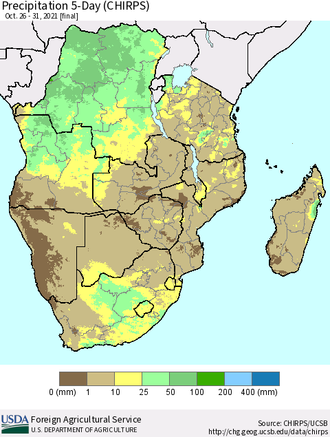 Southern Africa Precipitation 5-Day (CHIRPS) Thematic Map For 10/26/2021 - 10/31/2021