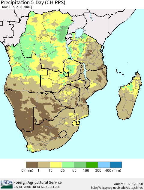 Southern Africa Precipitation 5-Day (CHIRPS) Thematic Map For 11/1/2021 - 11/5/2021