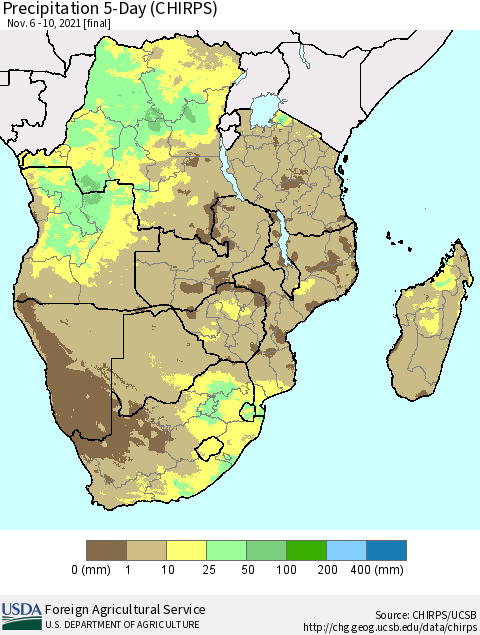 Southern Africa Precipitation 5-Day (CHIRPS) Thematic Map For 11/6/2021 - 11/10/2021