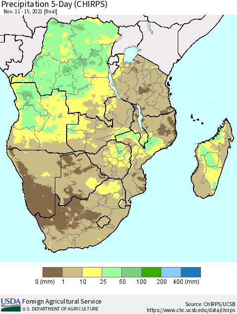 Southern Africa Precipitation 5-Day (CHIRPS) Thematic Map For 11/11/2021 - 11/15/2021