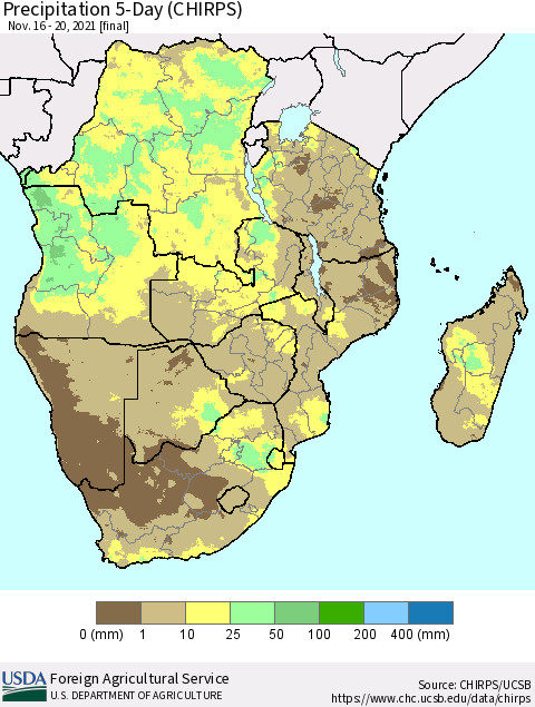 Southern Africa Precipitation 5-Day (CHIRPS) Thematic Map For 11/16/2021 - 11/20/2021