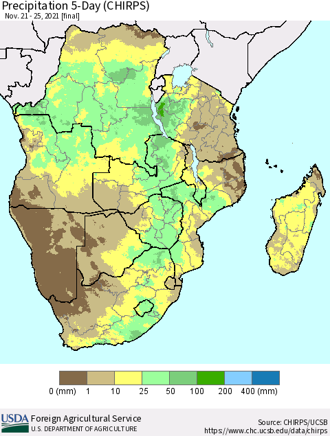 Southern Africa Precipitation 5-Day (CHIRPS) Thematic Map For 11/21/2021 - 11/25/2021