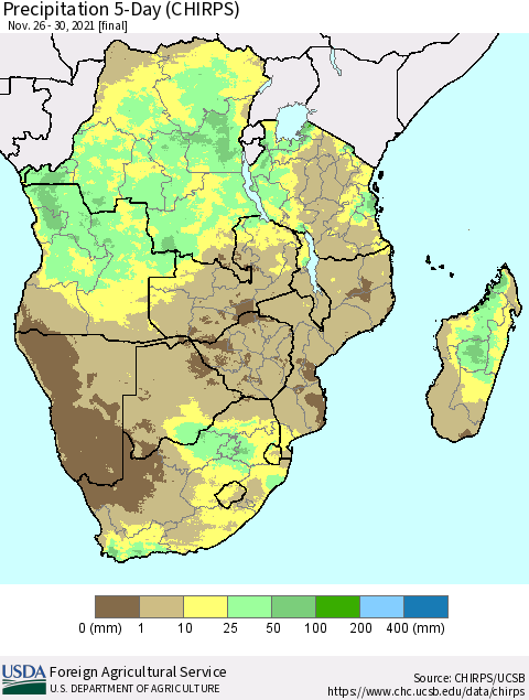 Southern Africa Precipitation 5-Day (CHIRPS) Thematic Map For 11/26/2021 - 11/30/2021