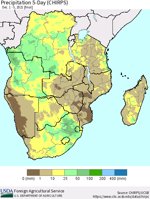 Southern Africa Precipitation 5-Day (CHIRPS) Thematic Map For 12/1/2021 - 12/5/2021