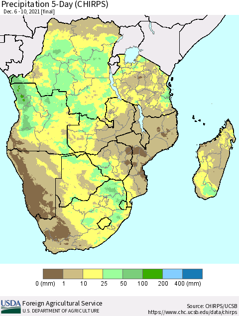 Southern Africa Precipitation 5-Day (CHIRPS) Thematic Map For 12/6/2021 - 12/10/2021