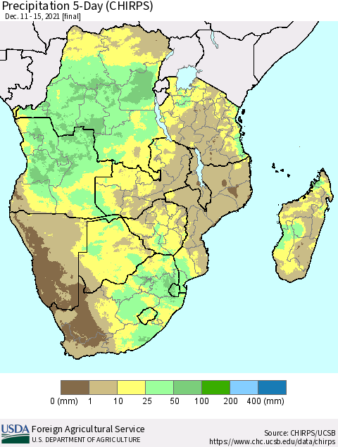 Southern Africa Precipitation 5-Day (CHIRPS) Thematic Map For 12/11/2021 - 12/15/2021