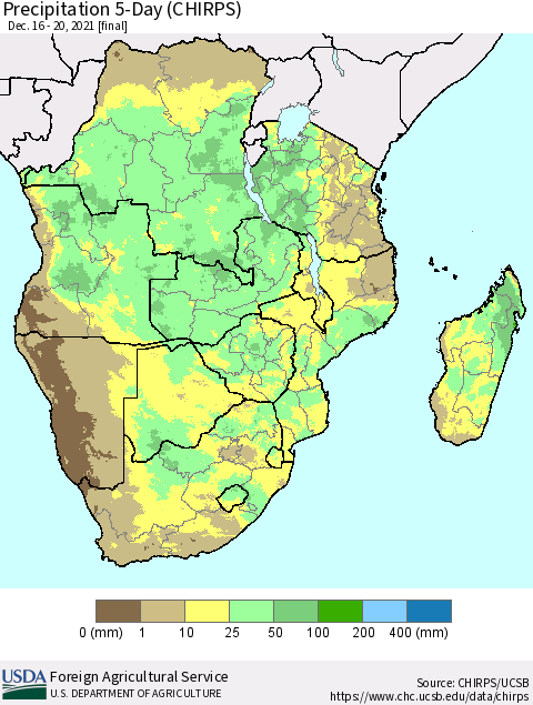 Southern Africa Precipitation 5-Day (CHIRPS) Thematic Map For 12/16/2021 - 12/20/2021