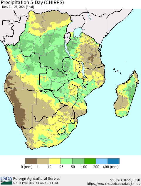 Southern Africa Precipitation 5-Day (CHIRPS) Thematic Map For 12/21/2021 - 12/25/2021