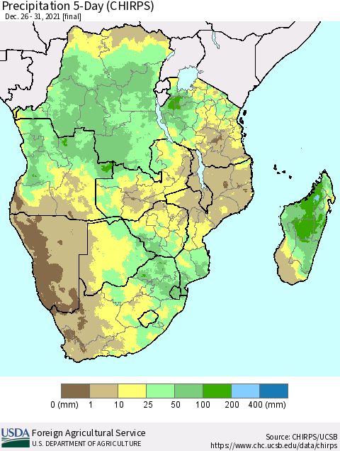 Southern Africa Precipitation 5-Day (CHIRPS) Thematic Map For 12/26/2021 - 12/31/2021