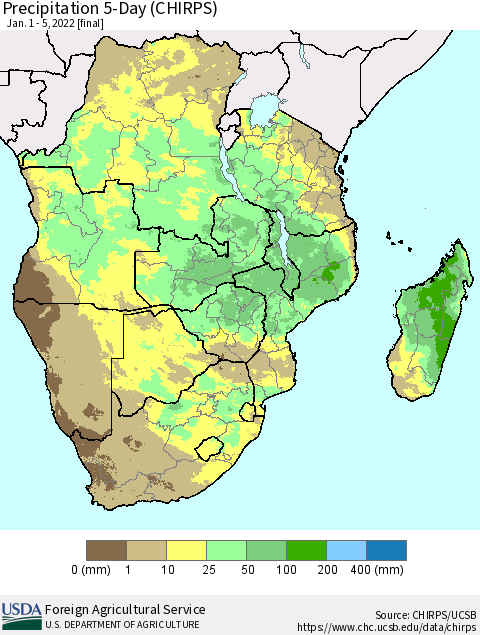 Southern Africa Precipitation 5-Day (CHIRPS) Thematic Map For 1/1/2022 - 1/5/2022