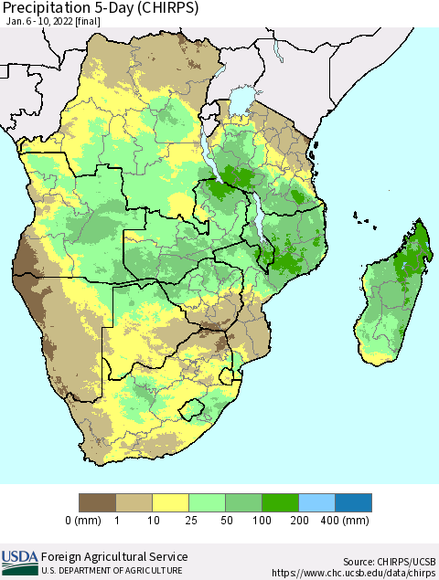 Southern Africa Precipitation 5-Day (CHIRPS) Thematic Map For 1/6/2022 - 1/10/2022