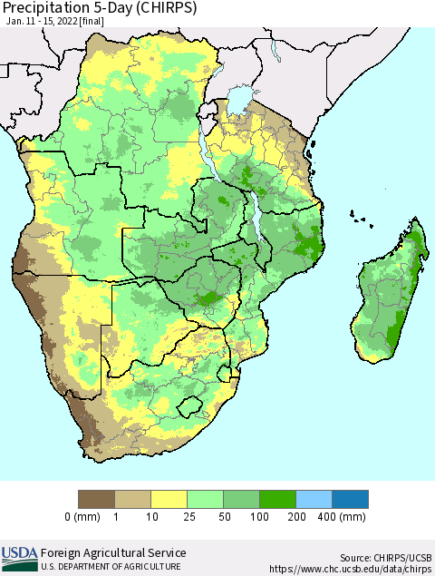 Southern Africa Precipitation 5-Day (CHIRPS) Thematic Map For 1/11/2022 - 1/15/2022