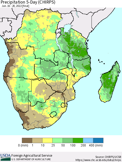Southern Africa Precipitation 5-Day (CHIRPS) Thematic Map For 1/16/2022 - 1/20/2022