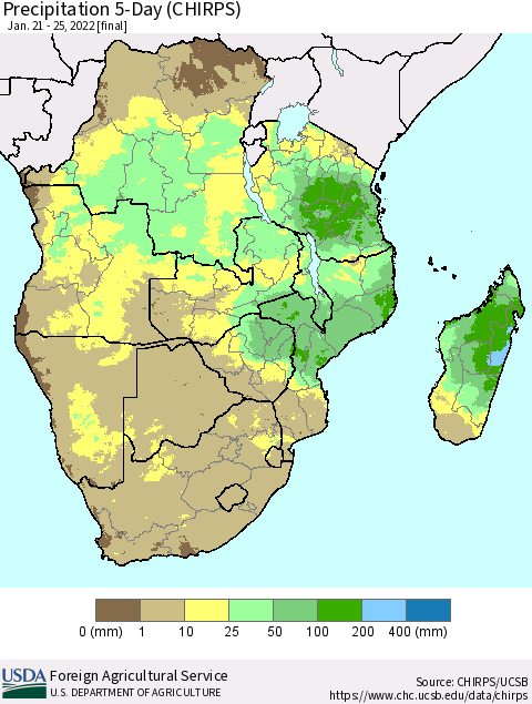 Southern Africa Precipitation 5-Day (CHIRPS) Thematic Map For 1/21/2022 - 1/25/2022