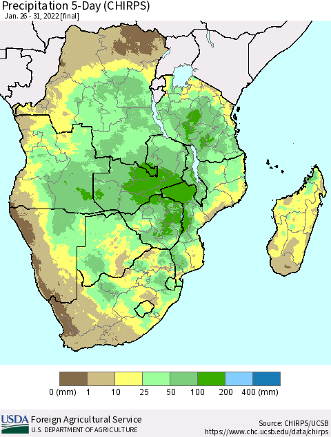 Southern Africa Precipitation 5-Day (CHIRPS) Thematic Map For 1/26/2022 - 1/31/2022