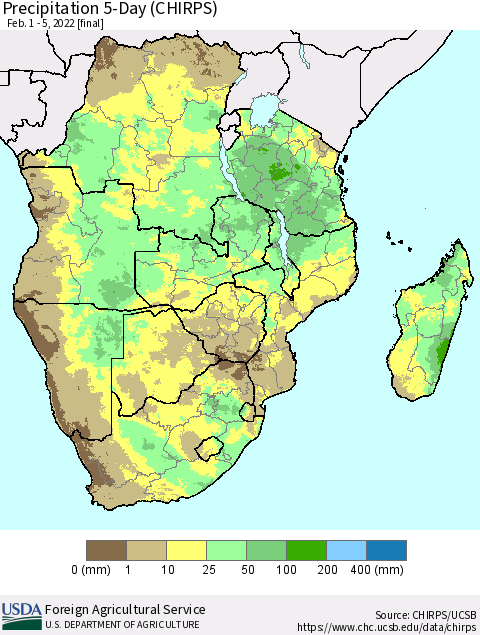 Southern Africa Precipitation 5-Day (CHIRPS) Thematic Map For 2/1/2022 - 2/5/2022