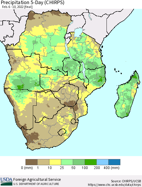 Southern Africa Precipitation 5-Day (CHIRPS) Thematic Map For 2/6/2022 - 2/10/2022
