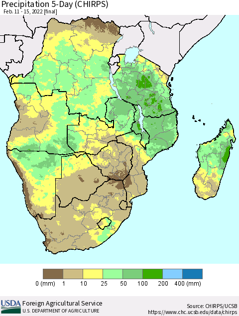 Southern Africa Precipitation 5-Day (CHIRPS) Thematic Map For 2/11/2022 - 2/15/2022