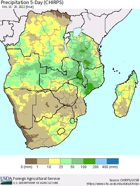 Southern Africa Precipitation 5-Day (CHIRPS) Thematic Map For 2/16/2022 - 2/20/2022