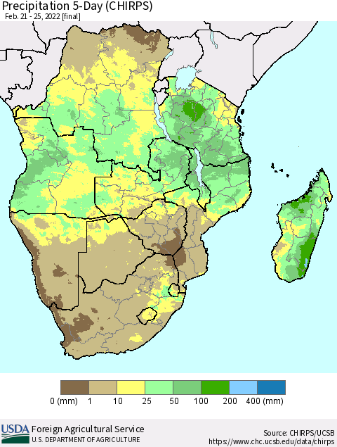 Southern Africa Precipitation 5-Day (CHIRPS) Thematic Map For 2/21/2022 - 2/25/2022