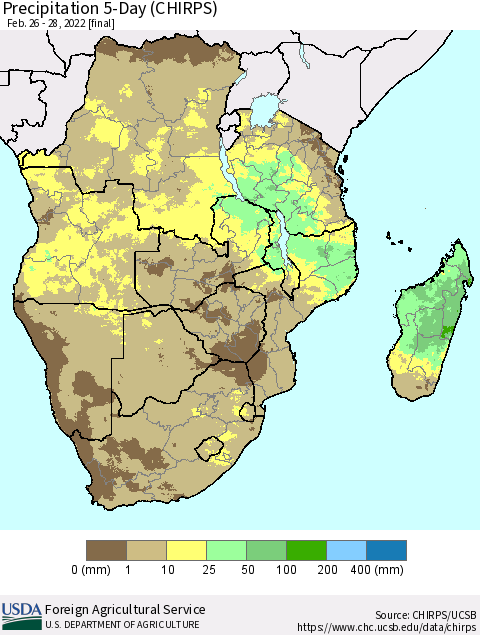 Southern Africa Precipitation 5-Day (CHIRPS) Thematic Map For 2/26/2022 - 2/28/2022