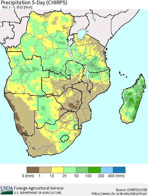 Southern Africa Precipitation 5-Day (CHIRPS) Thematic Map For 3/1/2022 - 3/5/2022