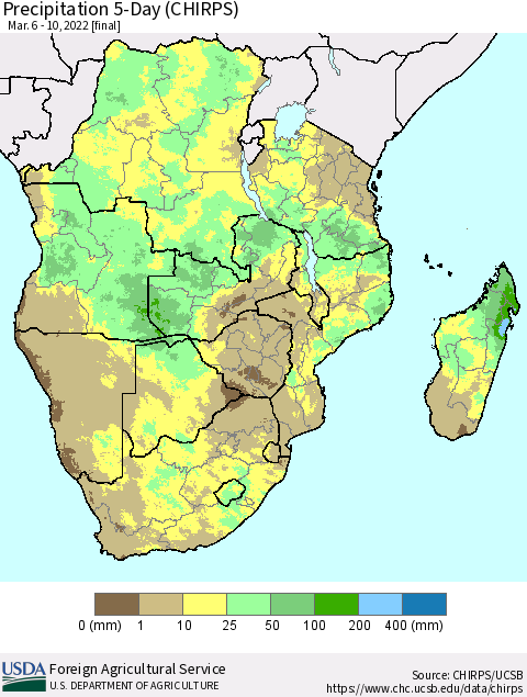 Southern Africa Precipitation 5-Day (CHIRPS) Thematic Map For 3/6/2022 - 3/10/2022