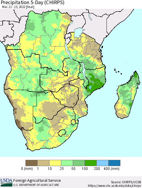Southern Africa Precipitation 5-Day (CHIRPS) Thematic Map For 3/11/2022 - 3/15/2022
