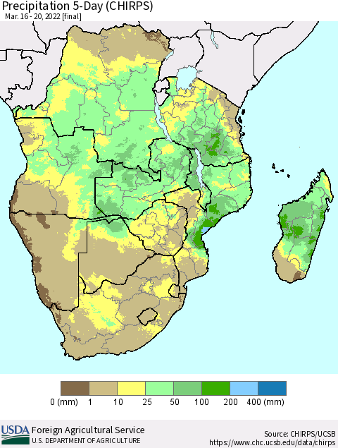 Southern Africa Precipitation 5-Day (CHIRPS) Thematic Map For 3/16/2022 - 3/20/2022