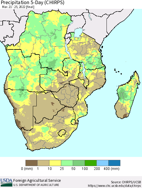 Southern Africa Precipitation 5-Day (CHIRPS) Thematic Map For 3/21/2022 - 3/25/2022