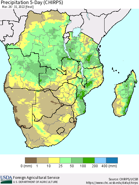Southern Africa Precipitation 5-Day (CHIRPS) Thematic Map For 3/26/2022 - 3/31/2022