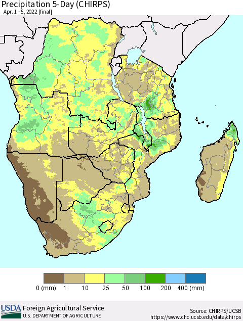 Southern Africa Precipitation 5-Day (CHIRPS) Thematic Map For 4/1/2022 - 4/5/2022