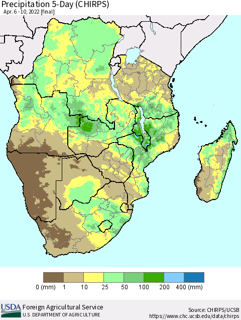 Southern Africa Precipitation 5-Day (CHIRPS) Thematic Map For 4/6/2022 - 4/10/2022